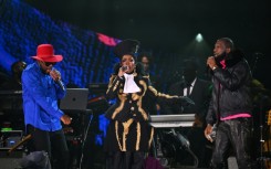 Wyclef Jean (L), Lauryn Hill (C) and Pras Michel (R) of The Fugees perform at the Global Citizen festival, September 2023