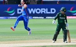 Renuka Singh (in blue) made the breakthrough for India in the first over of their T20 World Cup match against India in Dubai