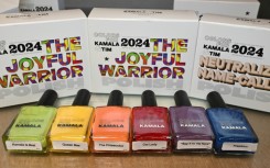 Nail polishes from 'The Joyful Warrior' set include a green called 'Kamala Is Brat,' an orange called 'The Prosecutor' and a classic red dubbed 'Cat Lady'