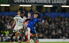 Chelsea midfielder  Cesare Casadei (R) battles for the ball in the UEFA Conference League