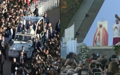 Pope Francis greets the crowd before celebrating mass in Ajaccio