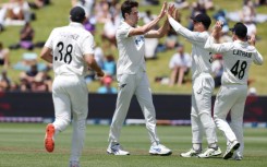 New Zealand's Will O'Rourke (centre) celebrates the wicket of England's Harry Brook on the fourth morning of the third Test