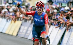 Daniek Hengeveld from the Netherlands celebrates winning the women's first stage of the Tour Down Under